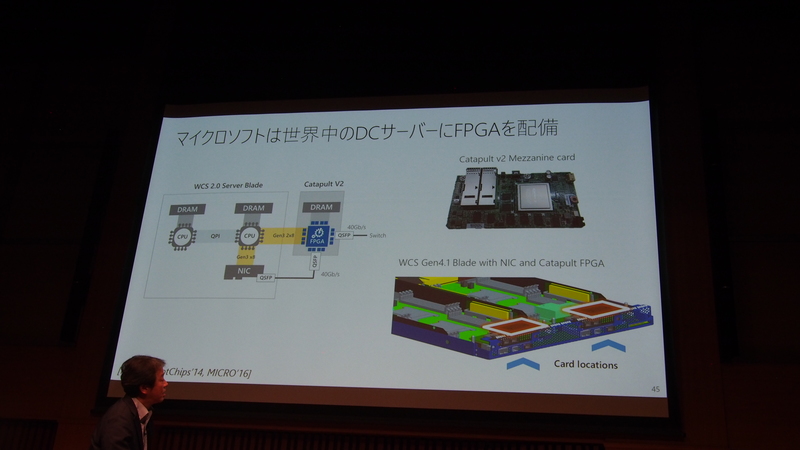 図5 マイクロソフトがAzureで標準的に利用しているサーバーには、Catapultと呼ばれるカードが搭載され、CPUとは独立してネットワークを介して処理を行えるようになっている(CPUと接続しているのは、FPGAへのアルゴリズムの書き込みの必要があるため)。