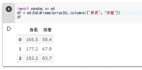 NumPyのデータをPandasで一覧表として表示する例