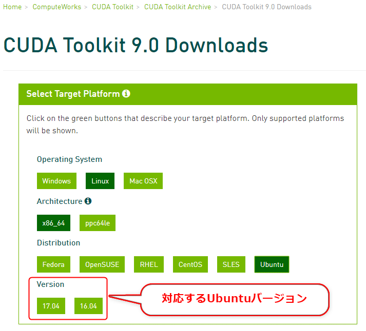 図6 各CUDA Toolkitバージョンに対応するUbuntuバージョンの確認